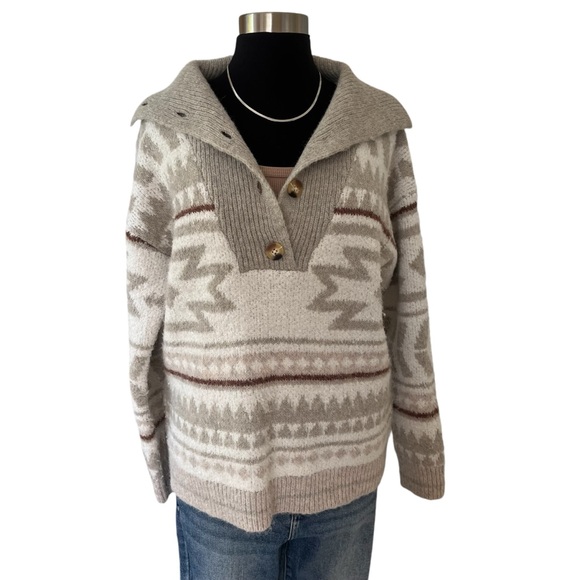 Knox Rose Aztec fair isle button pullover sweater taupe white black S - Picture 2 of 11